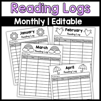 Monthly Reading Logs | Editable by Just Kinder Things | TPT