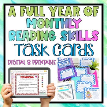 Preview of Monthly Reading Skills and Enrichment Task Cards FULL YEAR BUNDLE