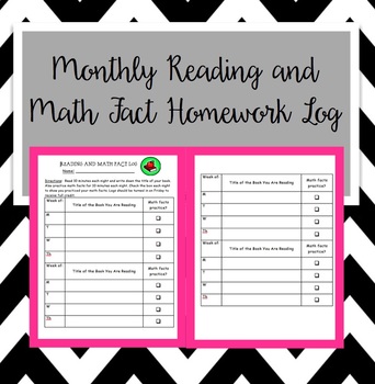 Preview of Monthly Reading and Math Fact Homework Log (Editable), reading, nightly reading
