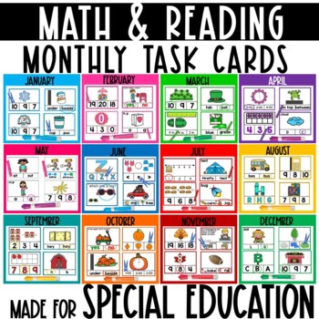 Preview of Monthly Reading and Math Task Cards for Special Education