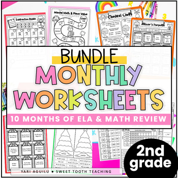 Preview of 2nd Grade Worksheets Bundle | Review & Daily Practice| Grammar, Reading & Math