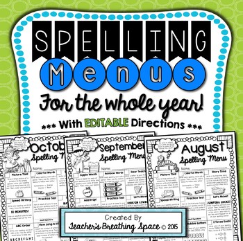 Preview of Monthly Spelling Menus  |  Spelling Tic-Tac-Toe with EDITABLE DIRECTIONS