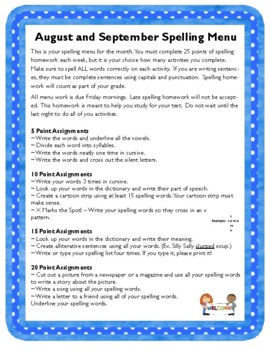 Monthly Spelling Menus for Intermediate Students by ACraftyTeacher