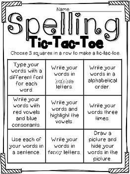 Spelling Practice Tic Tac Toe - Literacy Learn