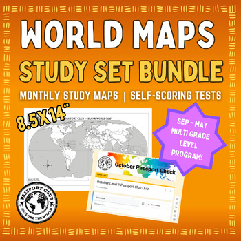 Preview of World Geography Map Skills Bundle - Yearlong, Multi-Grade, Self Scoring Program