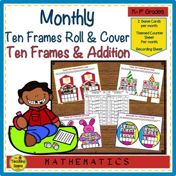 Preview of Year Long Monthly Ten Frame Roll & Cover Addition Math Games