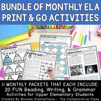 Preview of Monthly Themed ELA Activities | Print & Go Worksheets & FUN Reading Activities