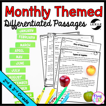 Preview of Monthly Themed Reading Comprehension Passages Year Long Bundle - 2nd & 3rd Grade