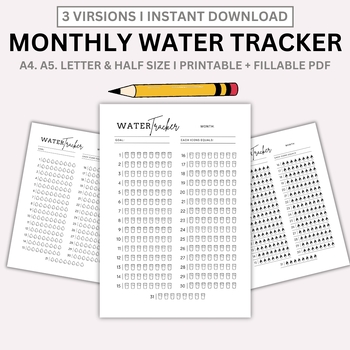 Preview of Monthly Water Tracker Printable, 31 Day Water Challenge, Hydration Tracker