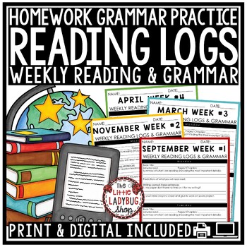 Preview of Monthly Weekly Reading Logs Homework Grammar Practice Activities 3rd 4th Grade