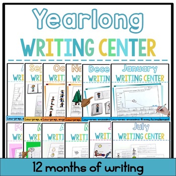 Preview of Yearlong 12 Monthly Writing Center Rotations with Prompts Activities and Posters