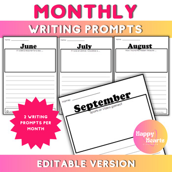 Preview of Monthly Writing Prompts (24 Different Prompts!) -- Editable