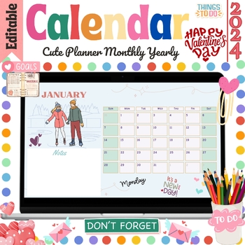 Preview of Monthly Yearly Editable Calendars 2024 | February Calendar - Valentine's Day