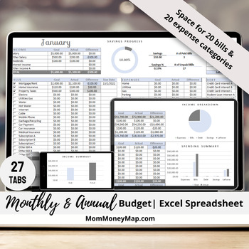 Preview of Monthly and Annual Budget Excel Spreadsheet Template - Blue