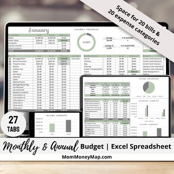 Preview of Monthly and Annual Budget Excel Spreadsheet Template - Green