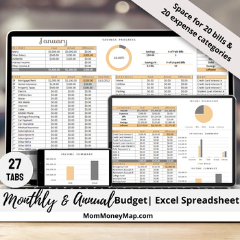 Preview of Monthly and Annual Budget Excel Spreadsheet Template - Orange