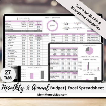Preview of Monthly and Annual Budget Excel Spreadsheet Template - Purple