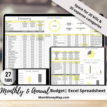 Preview of Monthly and Annual Budget Excel Spreadsheet Template - Yellow