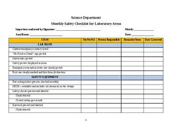 Preview of Monthly and Weekly Science Laboratory Inspection Form/Checklist