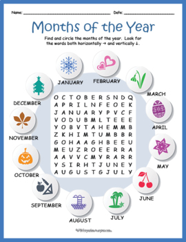 Preview of (Kindergarten, 1st, 2nd Grade) MONTHS OF THE YEAR Word Search Puzzle Worksheet