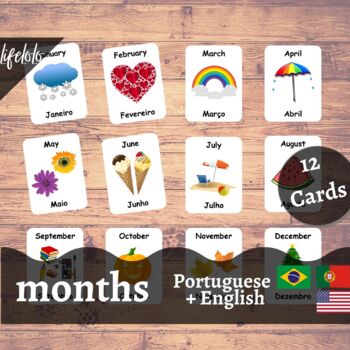 Preview of Months of the Year-Brazilian PORTUGUESE English Bilingual Flash Cards | 12 Cards