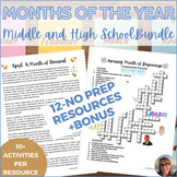 Months of the Year Bundle Middle and High School Sub Plans