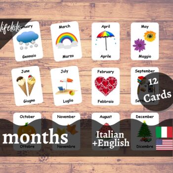 Preview of Months of the Year - ITALIAN English Bilingual Flash Cards | 12 Cards