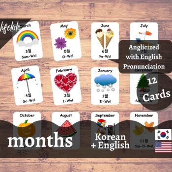 Preview of Months of the Year - KOREAN English Bilingual Flash Cards | 12 Cards