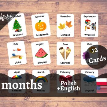 Preview of Months of the Year - POLISH English Bilingual Flash Cards | 12 Cards