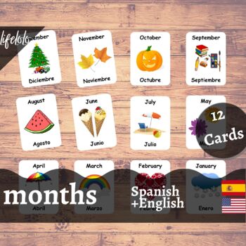 Preview of Months of the Year - SPANISH English Bilingual Flash Cards | 12 Cards