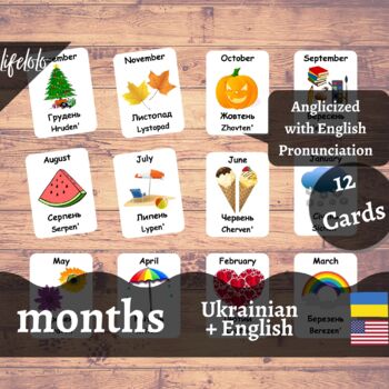 Preview of Months of the Year - UKRAINIAN English Bilingual Flash Cards | 12 Cards