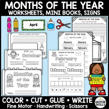 Preview of Months of the Year • Worksheets, Mini Books • Color Cut Glue Write • Fine Motor