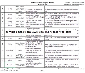 Spelling Bee Memo & List - Y7, PDF