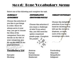 Mood/ Tone/ Characteristic Vocabulary Menu