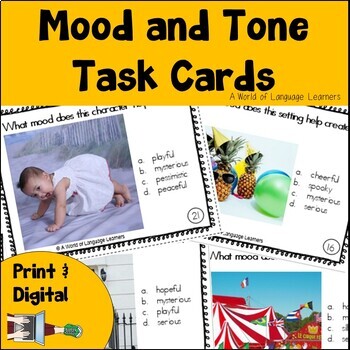 Preview of Mood & Tone Task Cards Print and Digital - Reading Skills Practice