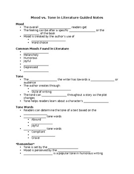 Preview of Mood vs. Tone in Literature Guided Notes