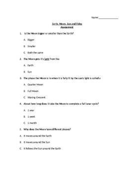 Preview of Moon, Earth, Sun and Tide Unit Test/Assessment with key included