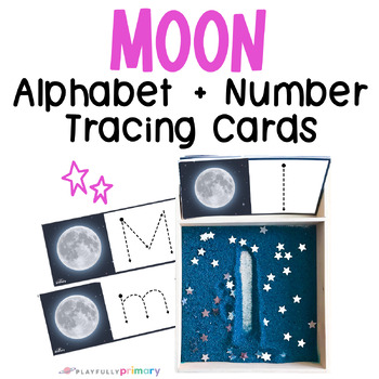 Preview of Outer Space Theme Moon Prewriting Sensory Writing Tray Cards, Sand + Salt Tray