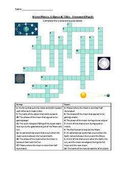 Preview of Moon Phases, Eclipses & Tides - Crossword Puzzle Worksheet Activity (Printable)