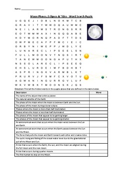 Preview of Moon Phases, Eclipses & Tides - Word Search Puzzle Activity (Printable)