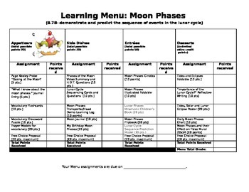 Preview of Moon Phases Learning Menu/Choice Board ONLY-Editable