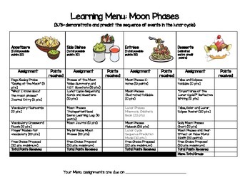 Preview of Moon Phases Learning Menu/Choice Board ONLY-PDF