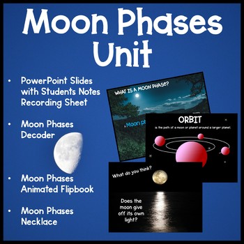 Preview of Moon Phases PowerPoint Student Notes Decoder Flip book Necklace 