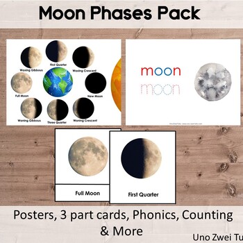 Preview of Moon Phases Printable Pack - Montessori 3 Part Cards - Astronomy
