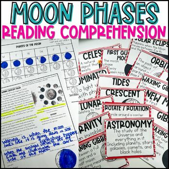 Preview of Moon Phases Reading Comprehension Worksheets and Astronomy Vocabulary Cards
