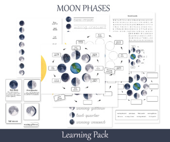 Preview of Moon Phases Worksheets, Homeschool learning pack Lunar Cycle, nomenclature cards
