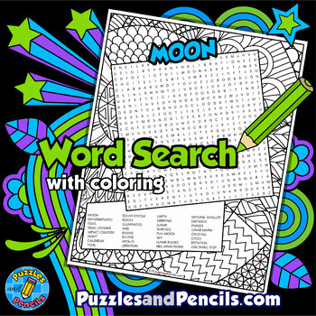 Preview of Moon Word Search Puzzle Activity Page with Coloring | Solar System | Planets