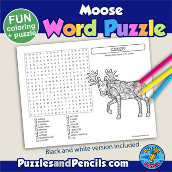 Moose Word Search Puzzle and Coloring Activity Page by Puzzles and Pencils