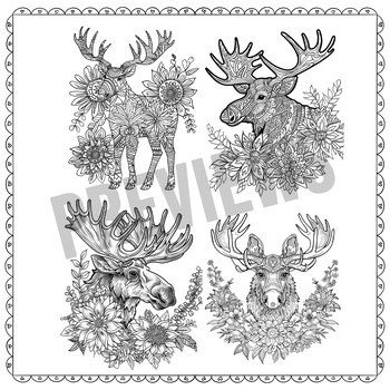 Preview of Moose and Flowers with Mandala Coloring, Mindful Relaxing Meditation for Adults
