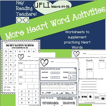 Preview of More Heart Words UFLI Lessons 69-86 No Prep! 19 worksheets! SIGHT WORD PRACTICE